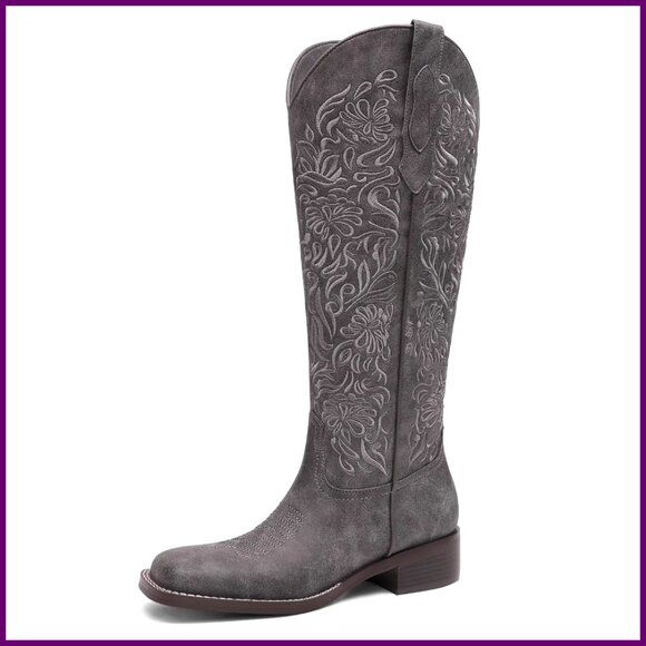 Knee High Cowboy Boots Embroidered Western Square Toe Low Heel Pull On